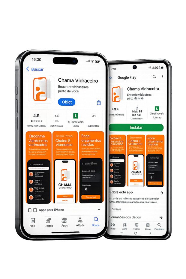 Mockup do app Chama Vidraceiro nas telas da App Store e do Google Play